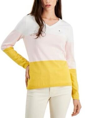 New Tommy Hilfiger Color Block Sweater V Neck Lightweight Thin Size Medium